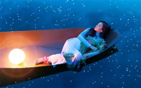 Азиатская девушка спать в лодке по ночам HD обои