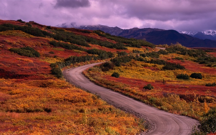 Осень, горы, дорога, трава, облака обои,s изображение