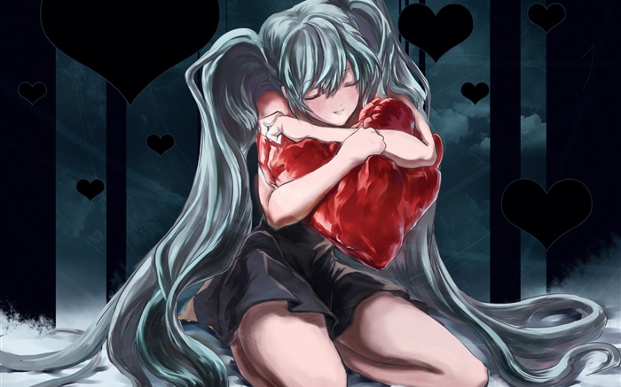 Синие волосы аниме девушка обниматься сердце образный подушку обои,s изображение