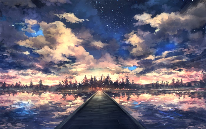 Мост, река, деревья, небо, облака, закат, искусство рисунок обои,s изображение