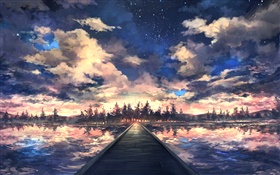 Мост, река, деревья, небо, облака, закат, искусство рисунок HD обои