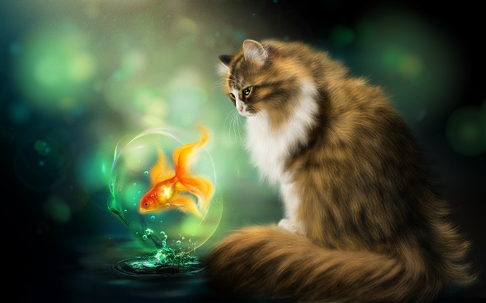 Кошка и золотая рыбка, искусство рисования обои,s изображение