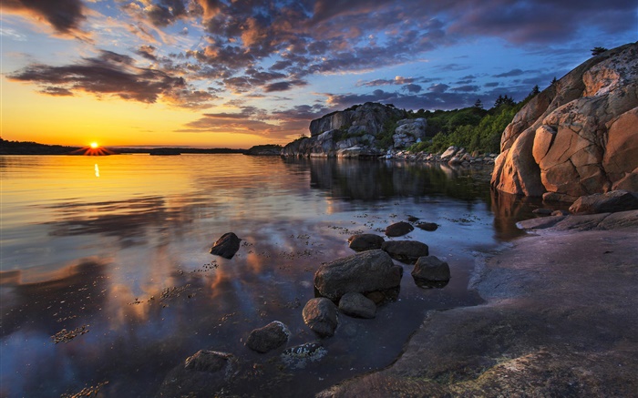 Побережье закат, море, камни, скалы, облака обои,s изображение
