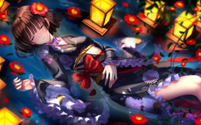 Меч души, кимоно аниме девушка, цветы, ночь обои,s изображение