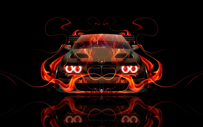 BMW оранжевый огонь, машина вид спереди, креативный дизайн обои,s изображение