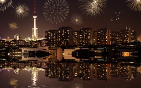 Городской пейзаж, ночь, здания, огни, река, Берлин, Германия