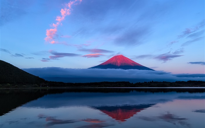 Япония, Fuji гора на вечернем, озеро, отражение воды обои,s изображение
