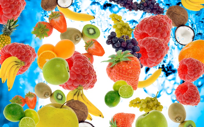 Многие виды фруктов, малина, бананы, киви, клубника, лимон, яблоко обои,s изображение