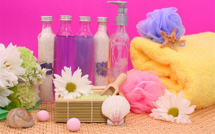 SPA, цветы, соль, полотенце, бутылка обои,s изображение