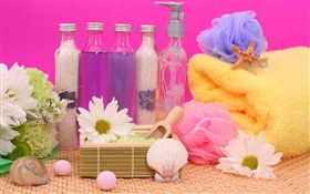 SPA, цветы, соль, полотенце, бутылка