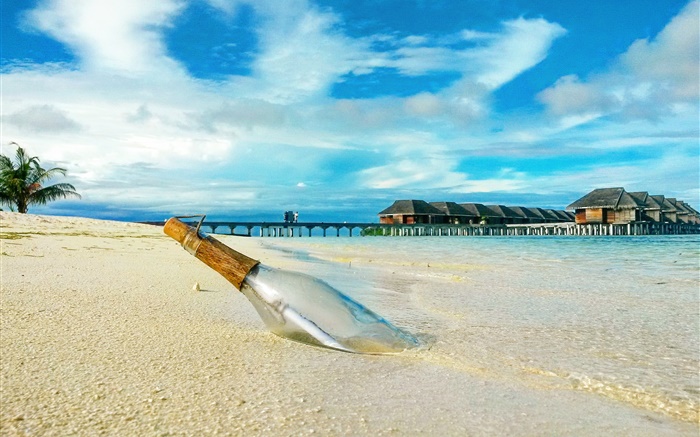 Пляж, бутылка, мол, дом обои,s изображение