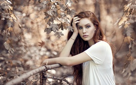 коричневые волосы девушка в осень, деревья, забор HD обои