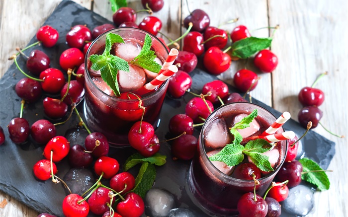 Свежие красные вишни, напиток, лимонад, мята обои,s изображение