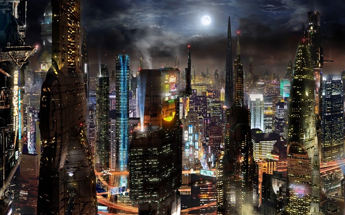 Будущий город, небоскребы, здания, дорога, ночь, научно-фантастический креативный дизайн обои,s изображение