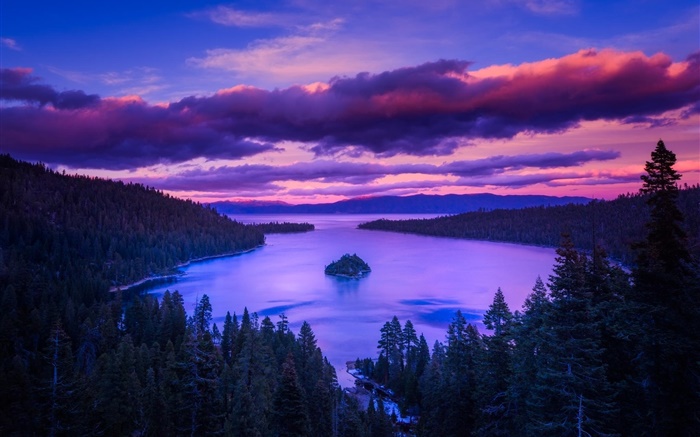 Природа, рассвет, озеро, горы, остров, деревья, облака обои,s изображение
