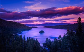 Природа, рассвет, озеро, горы, остров, деревья, облака