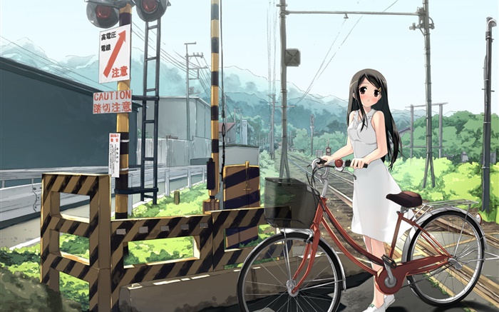 Аниме девушка, железная дорога, велосипед, линии электропередач обои,s изображение