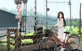 Аниме девушка, железная дорога, велосипед, линии электропередач HD обои