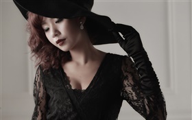 Черное платье Азиатская девушка, макияж, перчатки, головной убор HD обои
