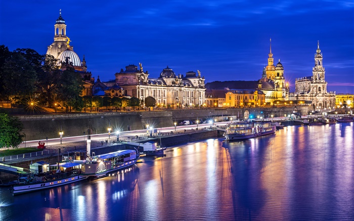 Город, река, яхты, дома, ночь, огни, Дрезден, Германия обои,s изображение