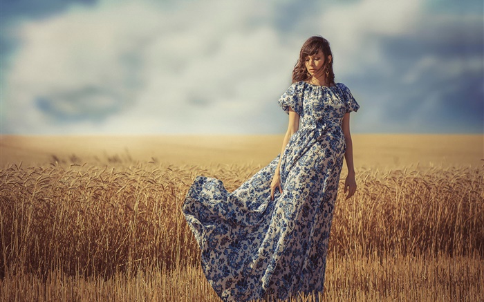 Девушка на ветру, лето, поле пшеницы обои,s изображение