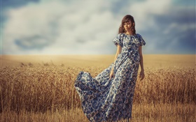 Девушка на ветру, лето, поле пшеницы HD обои