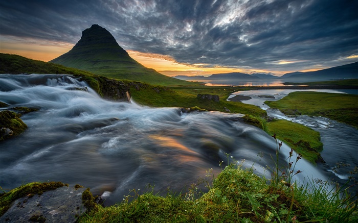 Исландия, горы, водопад, облака, закат обои,s изображение
