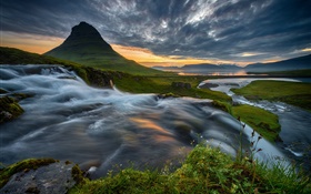 Исландия, горы, водопад, облака, закат