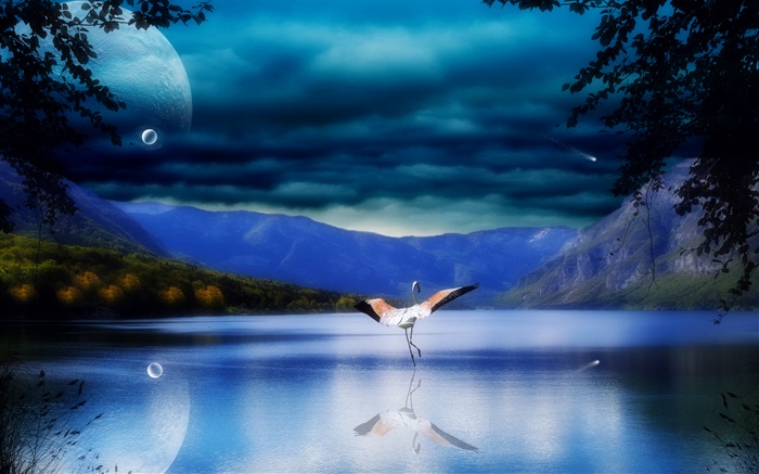 Озеро, отражение воды, горы, аиста, крылья обои,s изображение