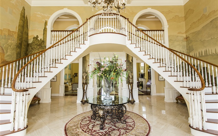 Роскошный зал, лестница, цветы, комната обои,s изображение