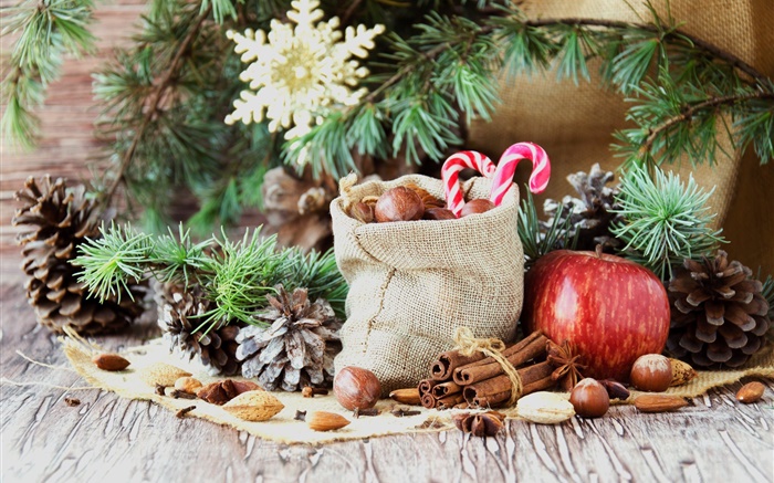 С Рождеством Христовым, сумки, конфеты, яблоки, орехи обои,s изображение