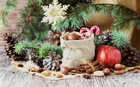 С Рождеством Христовым, сумки, конфеты, яблоки, орехи HD обои