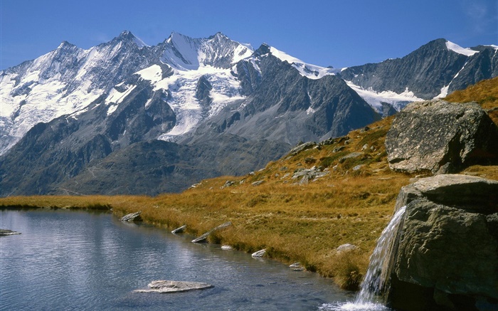Горы, озеро, трава обои,s изображение