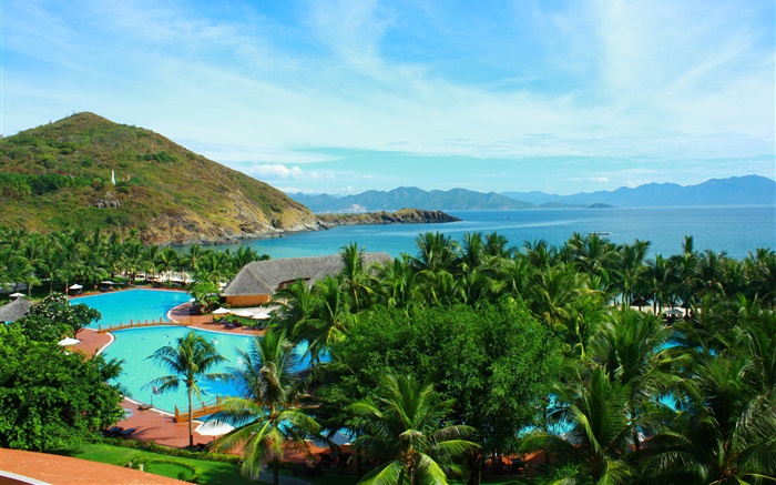 Пальмы, бассейн, дом, горы, остров, море, Таиланд обои,s изображение