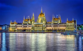Здание парламента, вода отражение, огни, Будапешт, Венгрия HD обои