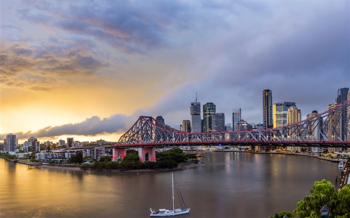 Квинсленд, Китайский квартал, Австралия, река, мост, рассвет, здания обои,s изображение