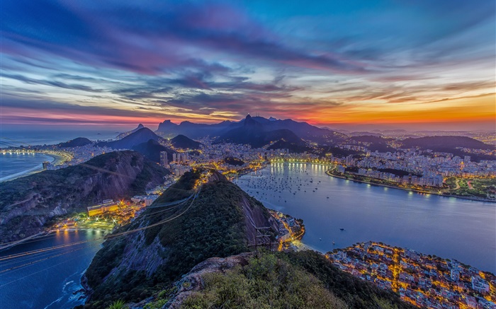 Рио-де-Жанейро, канатной дороги, горы, город, берег, ночь, огни обои,s изображение