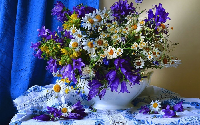 Белые желтые синие цветы, ваза обои,s изображение