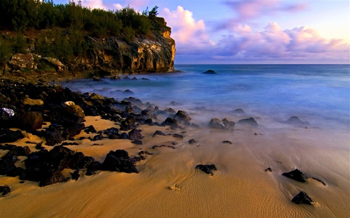 Пляж, побережье, камни, закат, море обои,s изображение