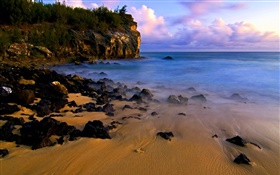 Пляж, побережье, камни, закат, море HD обои