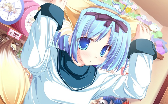 Синие волосы аниме девушка в магазине обои,s изображение