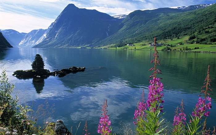 Озеро, горы, цветы, облака обои,s изображение