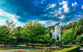 Ботанический сад, Румыния, деревья, дома, облака