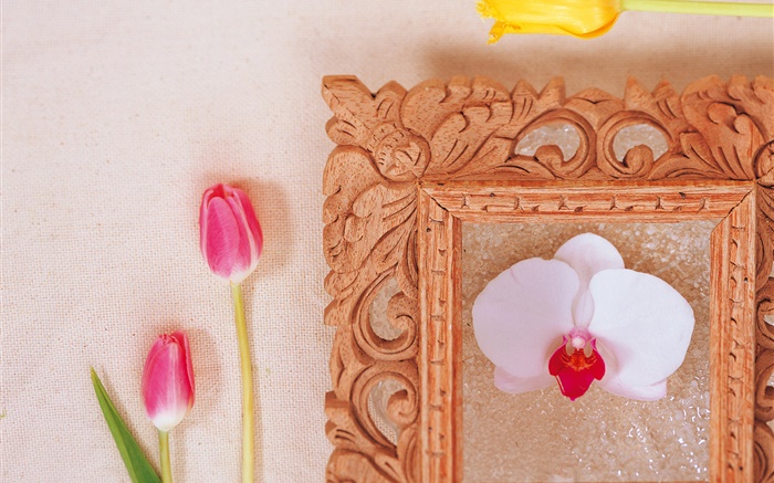 Розовые тюльпаны и белый фаленопсис обои,s изображение