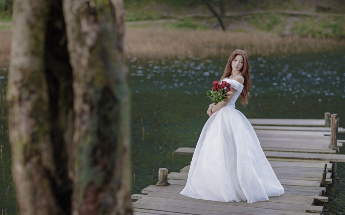 Азиатская девушка, невеста, мост, роза обои,s изображение