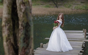 Азиатская девушка, невеста, мост, роза