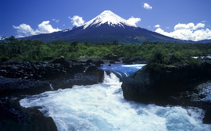 Гора, река, голубое небо обои,s изображение