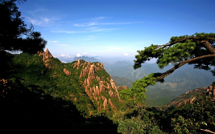 Горы, деревья, небо, природный ландшафт обои,s изображение