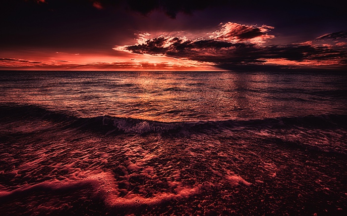 Море, закат, вечер, красный стиль обои,s изображение
