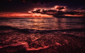 Море, закат, вечер, красный стиль HD обои